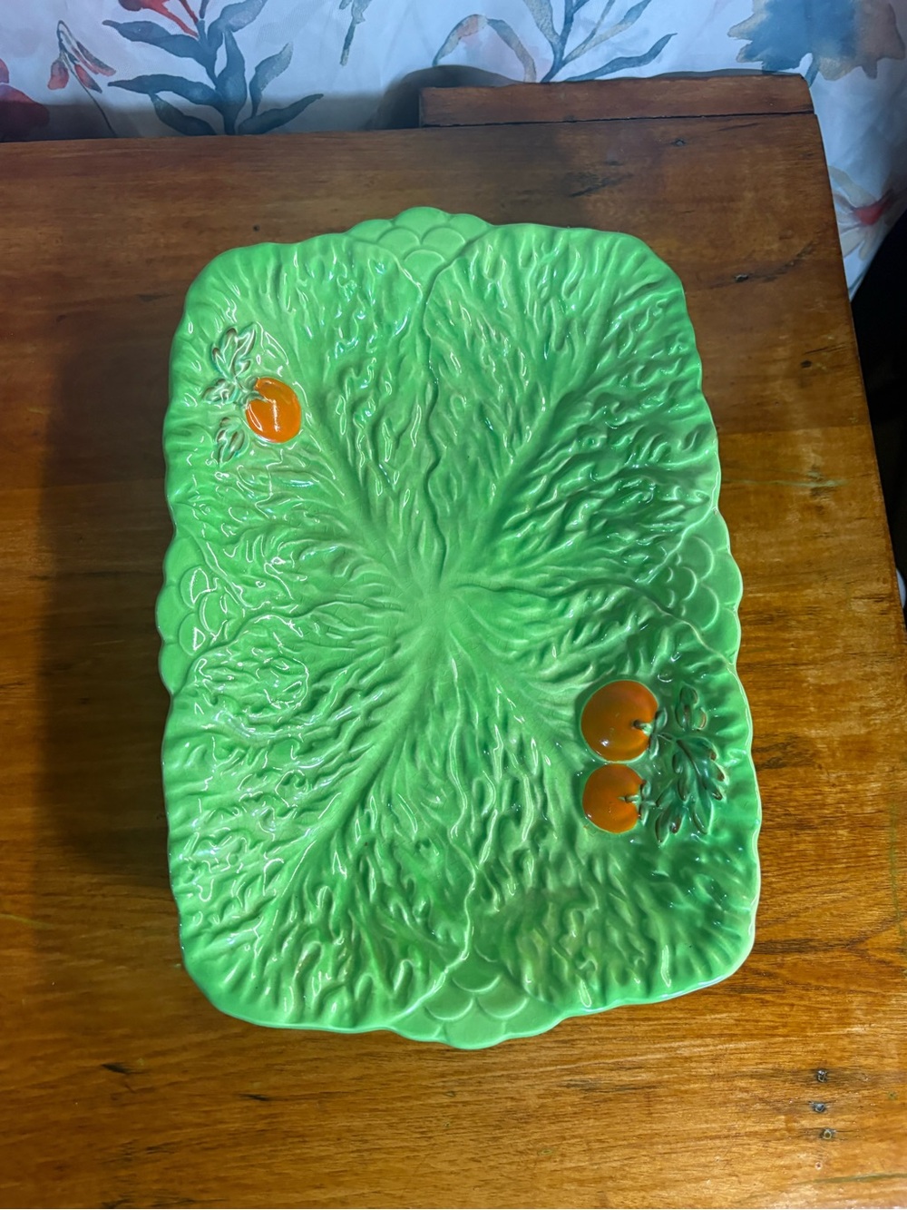 Vintage Green Ceramic Lettuce-Leaf Serving Platter with Orange Fruit Accents